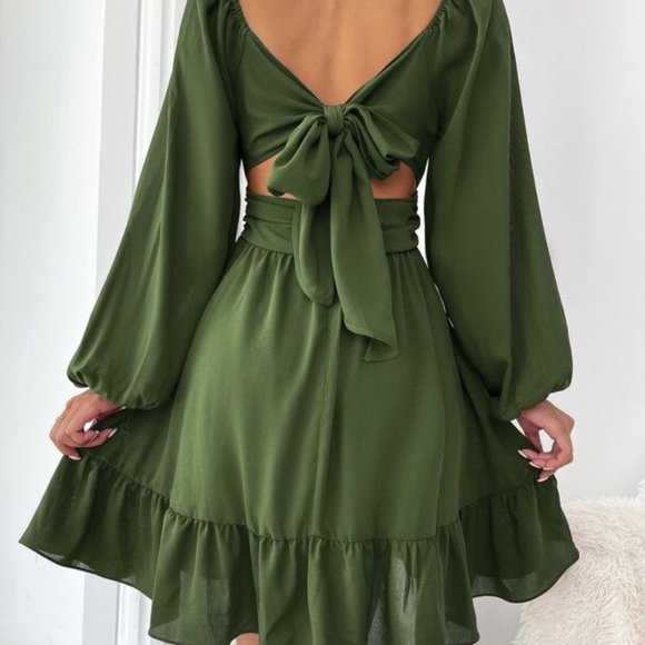 Knot Back Lantern Sleeve Ruffle Hem Dress - Picture 2 of 5